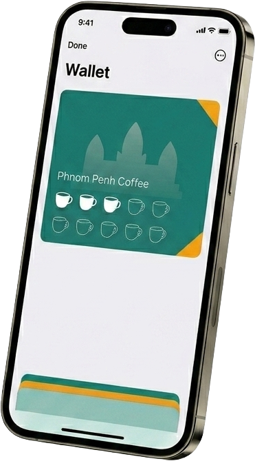 A LoyaltyKH stamp card in the Wallet app on an iPhone, showing a Phnom Penh coffee shop card with collected stamps.